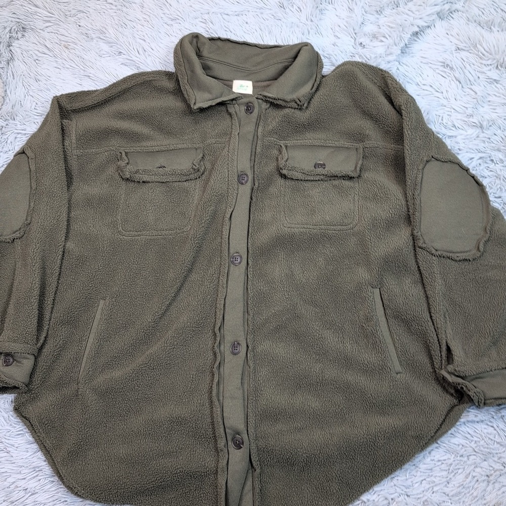 Blue Buttercup Jacket Womens M Green Fleece Cozy Soft Shacket Pockets Button Up